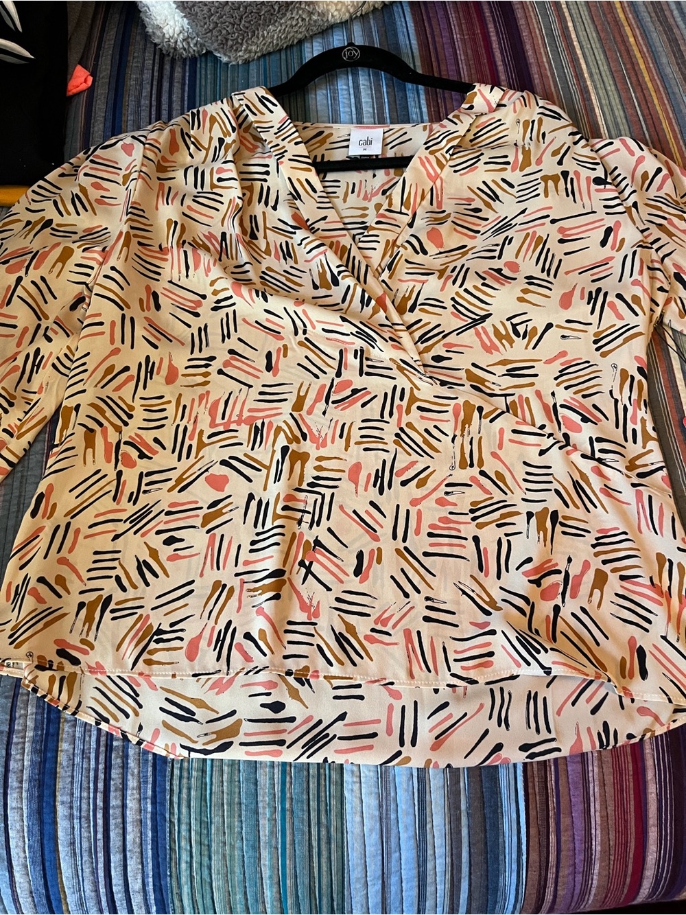 CAbi Cream Abstract Print Wrap Blouse with Black and Pink Accents